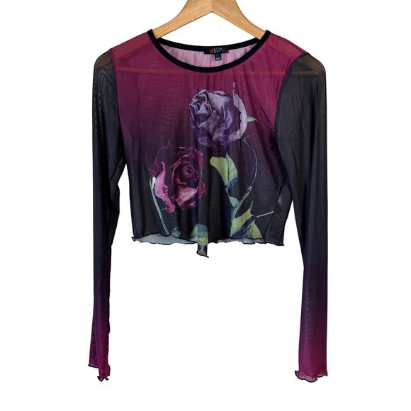 Delia's Tops - Delias Rose Mesh Crop Top Women's Size XL Black Purple Long Sleeve Y2K Rave